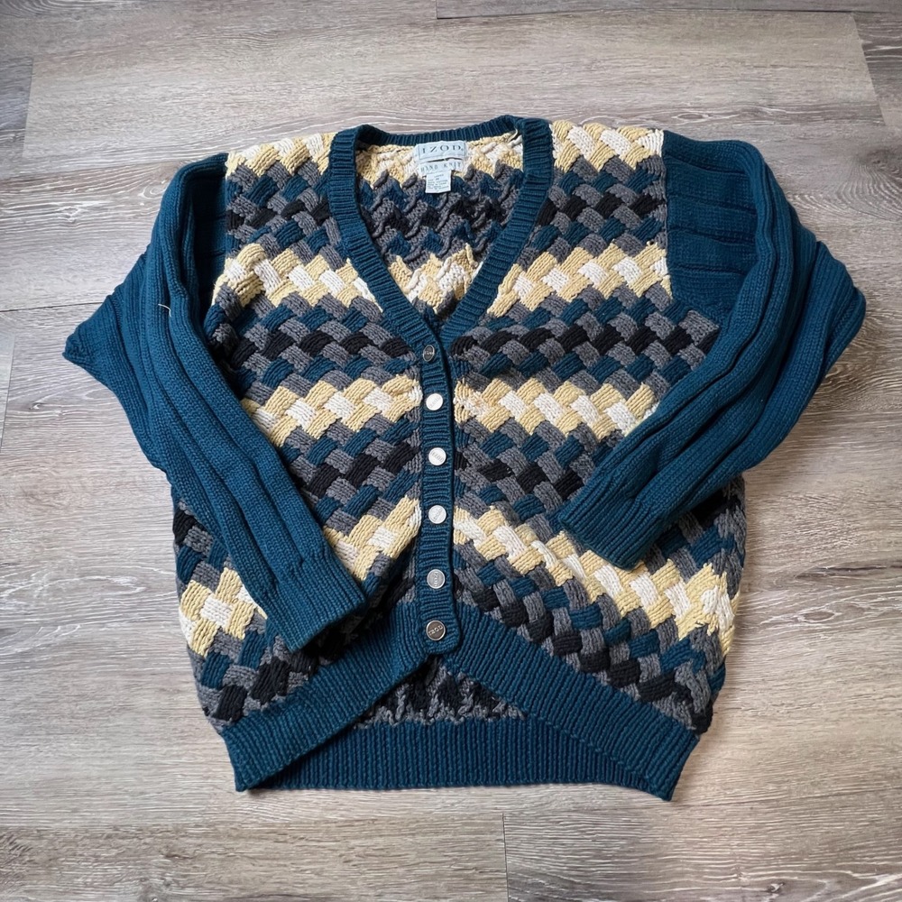 IZOD Cardigan Womens Medium Teal Blue Hand Knit Basketweave Cotton VNeck Sweater